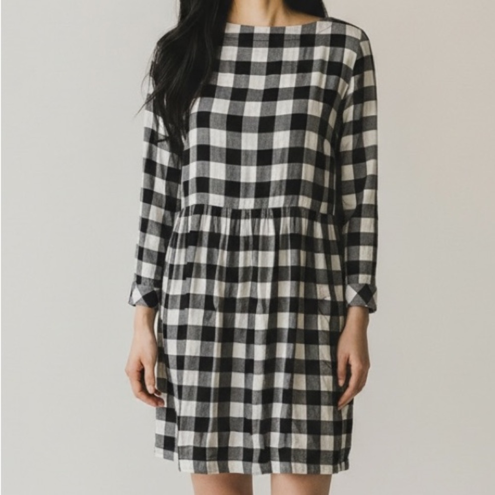 J.Jill Black White Gingham Empire Waist Country Chic Button Back Dress | Small